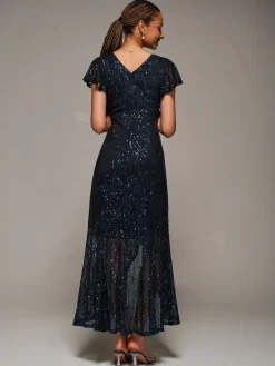 Jolie Moi Black Frill Short Sleeve Sequin Maxi Dress New