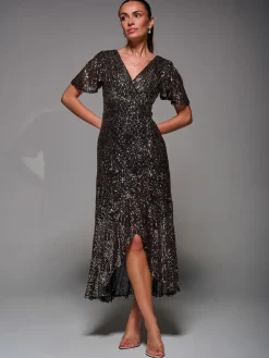 Jolie Moi Black Ground Sequin Angel Sleeve Ruffle Hem Maxi Dress