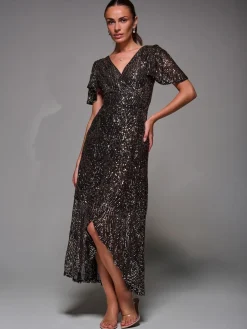 Jolie Moi Black Ground Sequin Angel Sleeve Ruffle Hem Maxi Dress