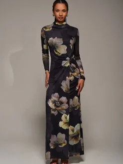 Jolie Moi High Neck Long Sleeve Mesh Maxi Dress Black New