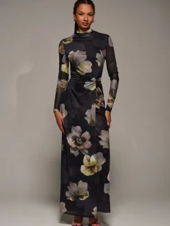 Jolie Moi High Neck Long Sleeve Mesh Maxi Dress Black New