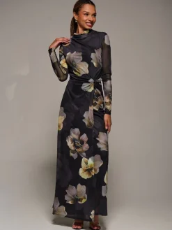 Jolie Moi High Neck Long Sleeve Mesh Maxi Dress Black New