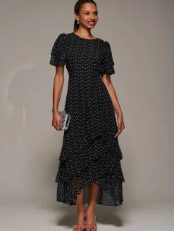 Jolie Moi Ruffle Detail Chiffon Midaxi Dress Black