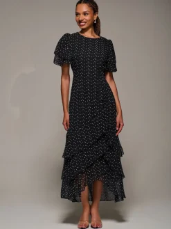 Jolie Moi Ruffle Detail Chiffon Midaxi Dress Black