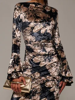 Jolie Moi Black Ruffle Sleeve Asymmetric Neck Velvet Maxi Dress