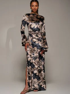 Jolie Moi Black Ruffle Sleeve Asymmetric Neck Velvet Maxi Dress