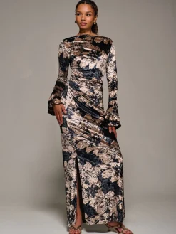 Jolie Moi Black Ruffle Sleeve Asymmetric Neck Velvet Maxi Dress