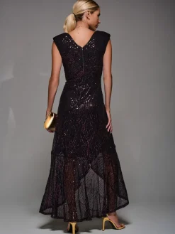 Jolie Moi Black/Red Sequin Asymmetric Ruffle Hem Maxi Dress