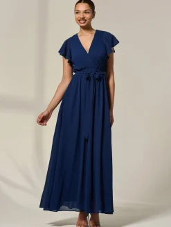Jolie Moi Chiffon Flutter Sleeve Maxi Dress Blue