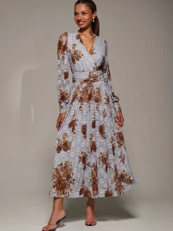 Jolie Moi Long Sleeve Printed Lace Midaxi Dress Blue Outlet