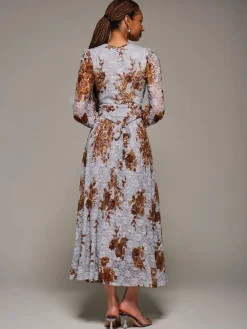 Jolie Moi Long Sleeve Printed Lace Midaxi Dress Blue Outlet