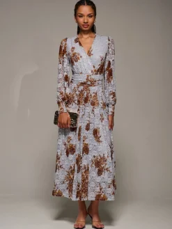 Jolie Moi Long Sleeve Printed Lace Midaxi Dress Blue Outlet