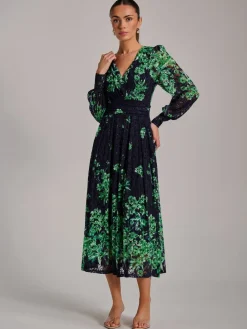 Jolie Moi Blue Long Sleeve Print Lace Maxi Dress Clearance