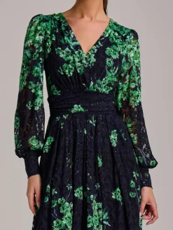 Jolie Moi Blue Long Sleeve Print Lace Maxi Dress Clearance