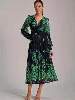 Jolie Moi Blue Long Sleeve Print Lace Maxi Dress Clearance