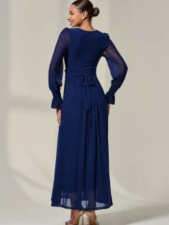 Jolie Moi Blue Long Sleeve Mesh Maxi Dress Sale