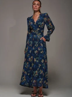 Jolie Moi Blue Long Sleeve Mesh Maxi Dress Outlet