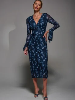 Jolie Moi Long Sleeve Mesh Bodycon Dress Blue New