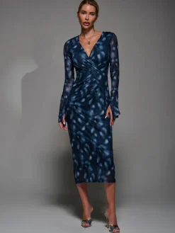 Jolie Moi Long Sleeve Mesh Bodycon Dress Blue New