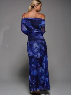 Jolie Moi Long Sleeve Slash Neck Maxi Dress Blue Clearance