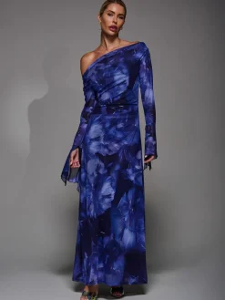 Jolie Moi Long Sleeve Slash Neck Maxi Dress Blue Clearance