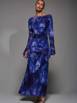 Jolie Moi Long Sleeve Slash Neck Maxi Dress Blue Clearance