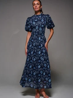 Jolie Moi Puffy Sleeve Printed Mesh Maxi Dress Blue Online
