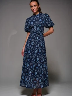 Jolie Moi Puffy Sleeve Printed Mesh Maxi Dress Blue Online