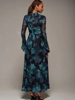 Jolie Moi Ruffle Long Sleeve Mesh Maxi Dress Blue Hot