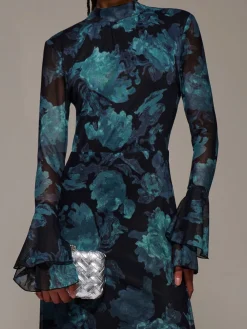 Jolie Moi Ruffle Long Sleeve Mesh Maxi Dress Blue Hot