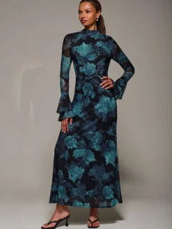 Jolie Moi Ruffle Long Sleeve Mesh Maxi Dress Blue Hot