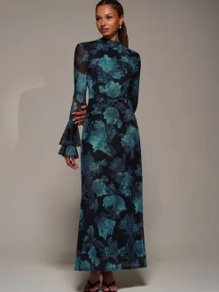 Jolie Moi Ruffle Long Sleeve Mesh Maxi Dress Blue Hot