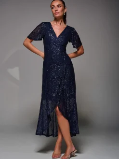 Jolie Moi Blue Sequin Angel Sleeve Ruffle Hem Maxi Dress New