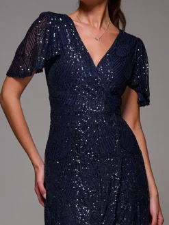 Jolie Moi Blue Sequin Angel Sleeve Ruffle Hem Maxi Dress New