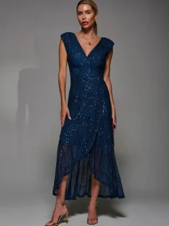 Jolie Moi Blue Sequin Asymmetric Ruffle Hem Maxi Dress