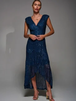 Jolie Moi Blue Sequin Asymmetric Ruffle Hem Maxi Dress