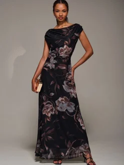 Jolie Moi Asymmetric Neck Mesh Maxi Dress Brown Clearance