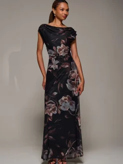 Jolie Moi Asymmetric Neck Mesh Maxi Dress Brown Clearance