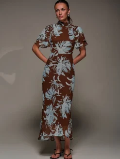 Jolie Moi Brown High Neck Angel Sleeve Chiffon Maxi Dress Sale