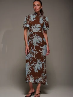 Jolie Moi Brown High Neck Angel Sleeve Chiffon Maxi Dress Sale