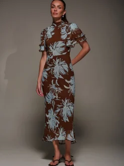 Jolie Moi Brown High Neck Angel Sleeve Chiffon Maxi Dress Sale