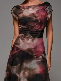 Jolie Moi Mesh Asymmetrical Draped Maxi Dress Brown Discount