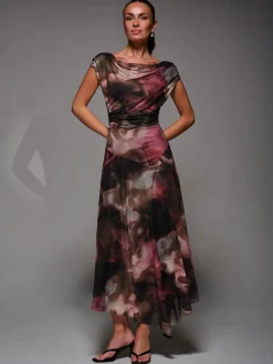 Jolie Moi Mesh Asymmetrical Draped Maxi Dress Brown Discount