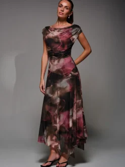 Jolie Moi Mesh Asymmetrical Draped Maxi Dress Brown Discount