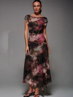 Jolie Moi Mesh Asymmetrical Draped Maxi Dress Brown Discount