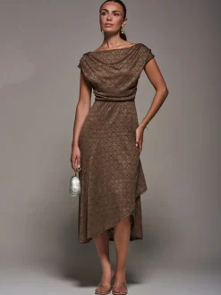 Jolie Moi Textured Asymmetrical Draped Midaxi Dress Brown New