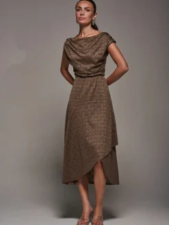 Jolie Moi Textured Asymmetrical Draped Midaxi Dress Brown New