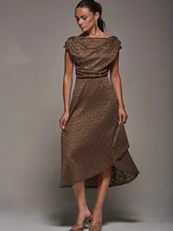 Jolie Moi Textured Asymmetrical Draped Midaxi Dress Brown New