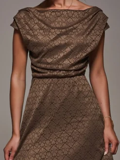 Jolie Moi Textured Asymmetrical Draped Midaxi Dress Brown New