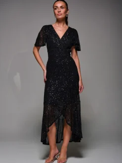 Jolie Moi Denim Black Sequin Angel Sleeve Ruffle Hem Maxi Dress